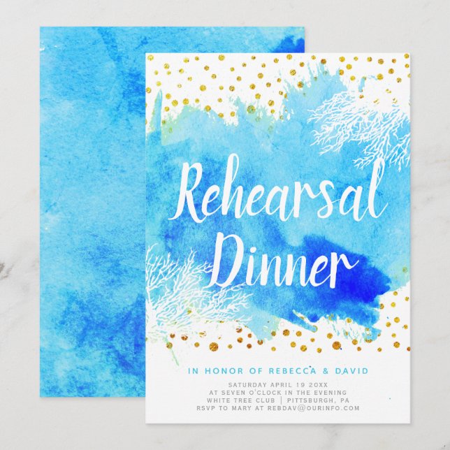 Vattenfärg och korallrev bröllop-rehearsal middag inbjudningar (Fram/baksida)