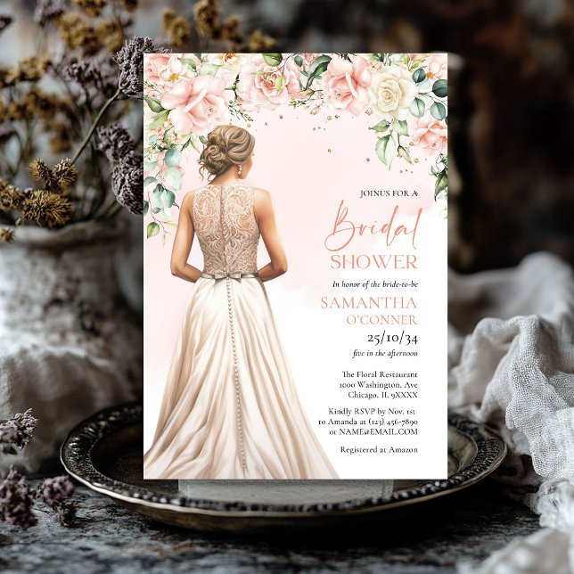 Vattenfärg  och kräm ro eucalyptus guld inbjudningar (Watercolor blush and cream roses eucalyptus gold bridal shower invitation)