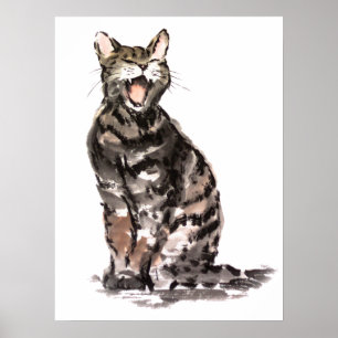 Vattenfärg och målning i bläck i Tabby katt Poster