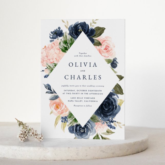 Vattenfärg  och marin Blommigt Ram Bröllop Inbjudan Vykort (Watercolor Blush and Navy Floral Frame Wedding Invitation Postcard)