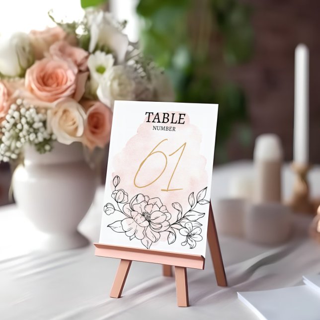  vattenfärg och svart Blommigt Elegant bröllop Bordsnummer (Blush Watercolor & Black Floral Elegant Wedding Table Number)