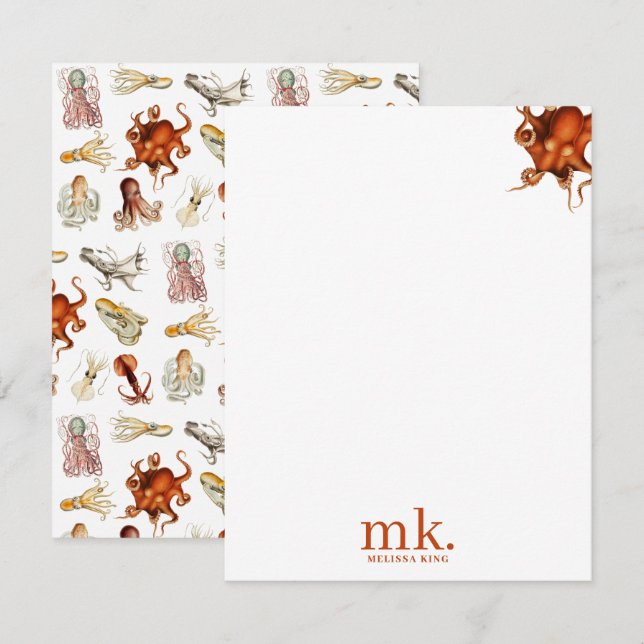Vattenfärg Octopus Ocean Animals Mönster Monogram Anteckningskort (Fram/baksida)