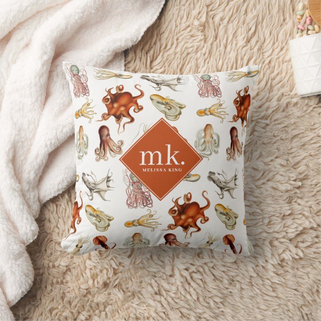 Vattenfärg Octopus Ocean Animals Mönster Monogram Kudde (Filt)