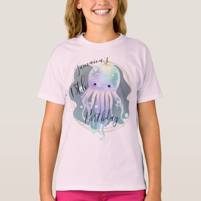 Vattenfärg Octopus Ocean Födelsedagsfest T-Shirt (Framsida)