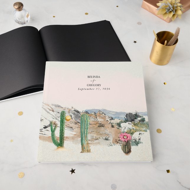 Vattenfärg Öken Kaktus Boho Bröllop Gästböcker (Framsidan öppen)