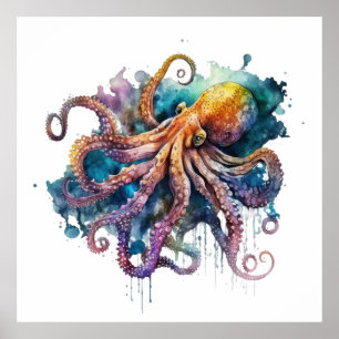 Vattenfärg, oktopus poster