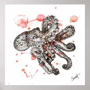 Vattenfärg, oktopus poster