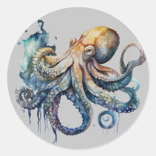 Vattenfärg, oktopus runt klistermärke