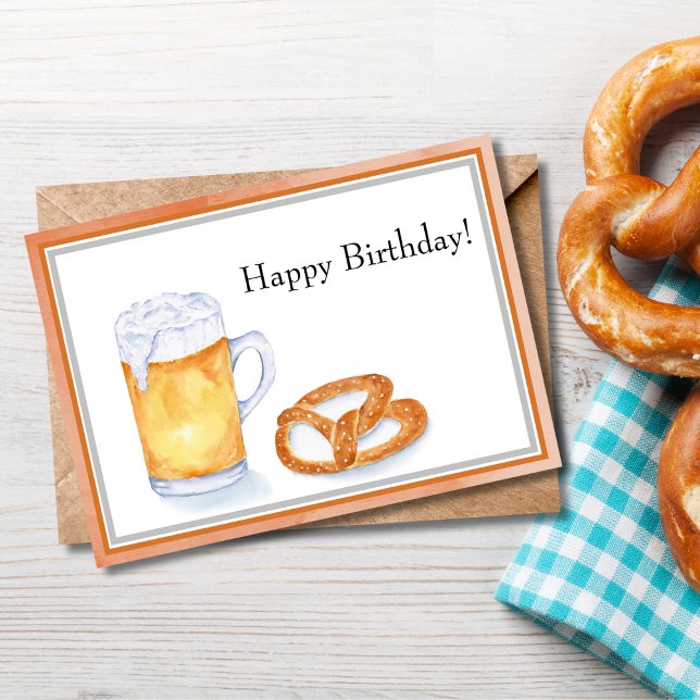 Vattenfärg Öl & Pretzel Glad födelsedag  Kort (Skapare uppladdad)