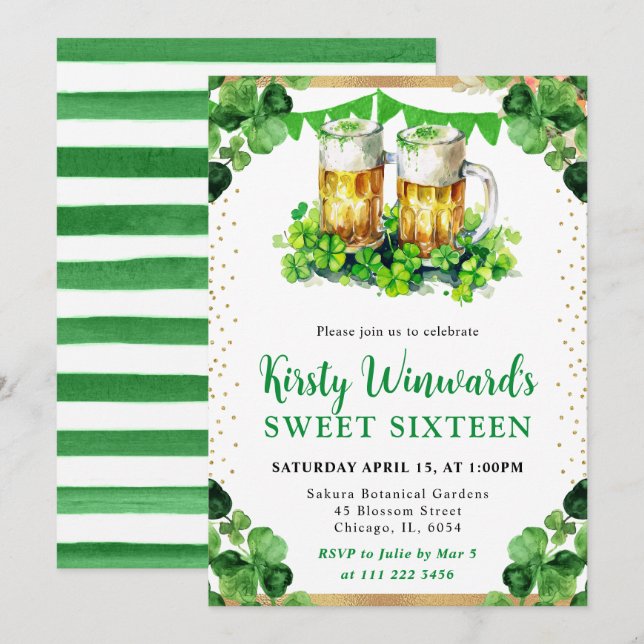Vattenfärg ölglas St Patricks Sweet 16 Inbjudningar (Fram/baksida)