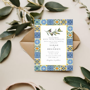 Vattenfärg Olive Blue tile Mediterranean Bröllop I Inbjudningar
