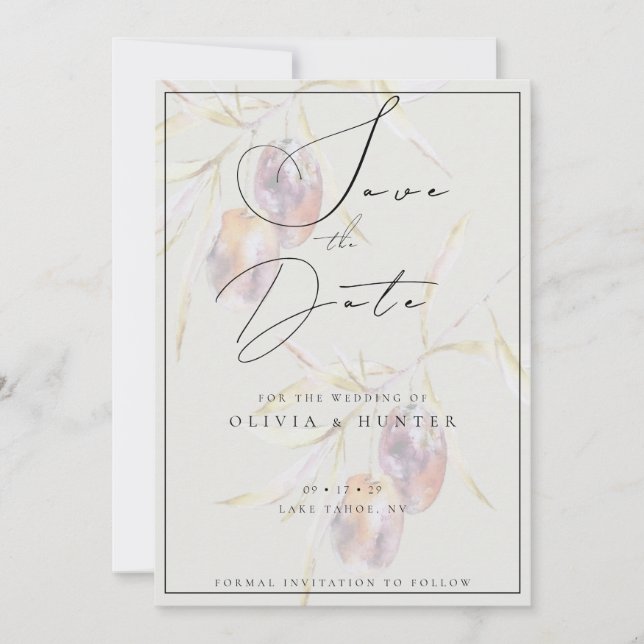 Vattenfärg Olivgren Bröllop Spara Datum Kort (Framsida)