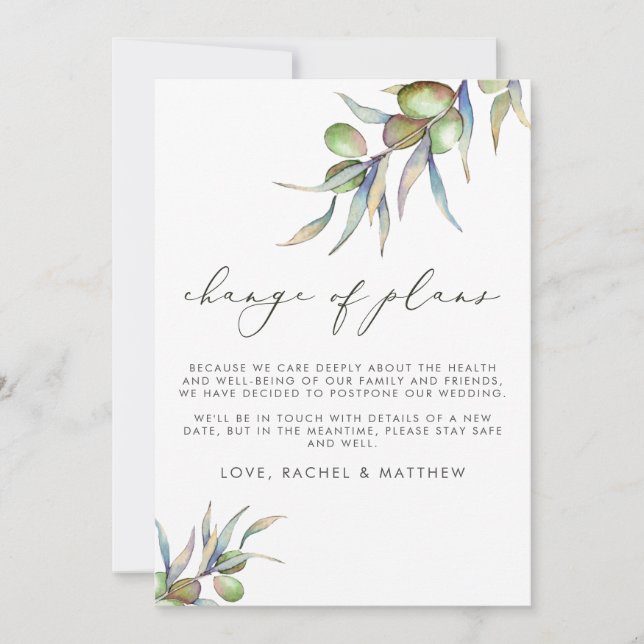 Vattenfärg Olivgrenar Ändring av planer Bröllop Meddelande (Framsida)