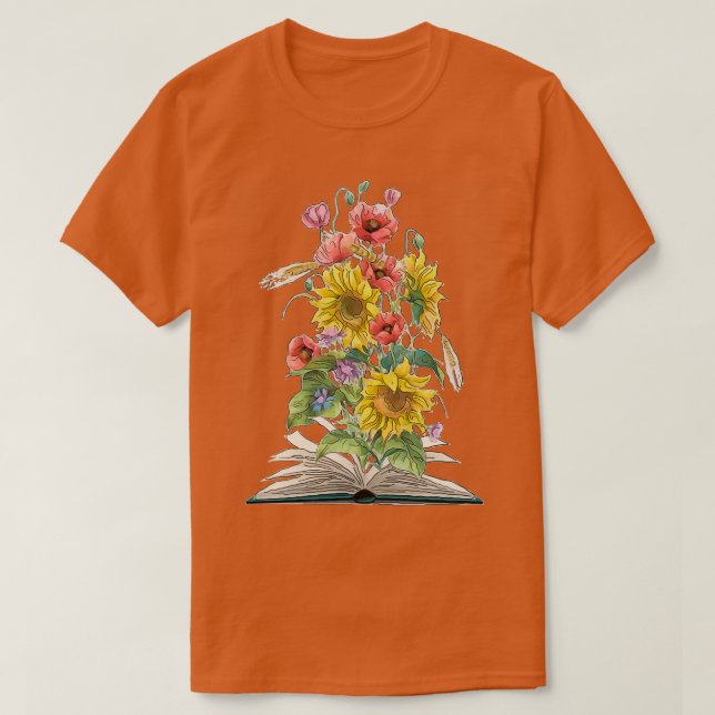 Vattenfärg Open Bok med solblommor och papies T Shirt (Design framsida)