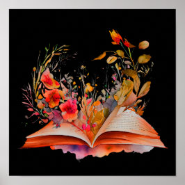 Vattenfärg Öppna bok med blommor Poster