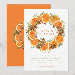 Vattenfärg Orange Citrus Krans Monogram Bröllop Inbjudningar