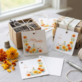 Vattenfärg Orange Marigold Blommig Födelsedag Gåvor Etiketter