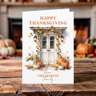 Vattenfärg Orange Pumpor Framfördörr Thanksgiving Kort