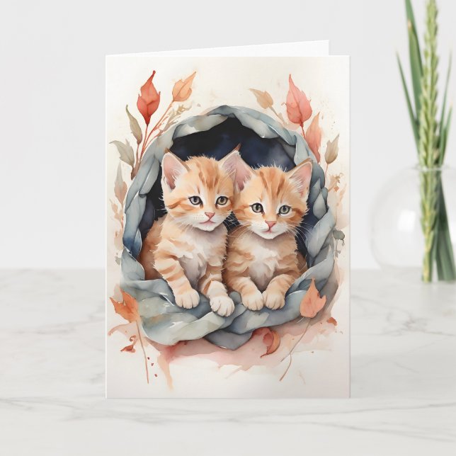 Vattenfärg Orange Tabby Bästa Vänner Blommor Blank Kort (Framsida)