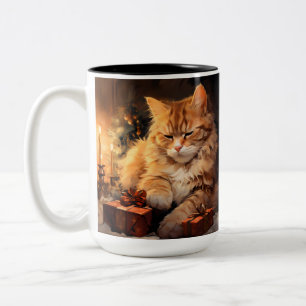VATTENFÄRG ORANGE TABBY KATT MED CHRISTMAS GIFTS Två-Tonad MUGG