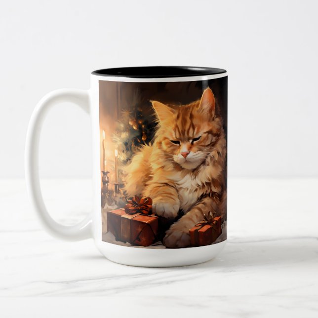VATTENFÄRG ORANGE TABBY KATT MED CHRISTMAS GIFTS Två-Tonad MUGG (Vänster)