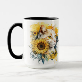 VATTENFÄRG ORANGE TABBY KATT MED SUNFLÖDEN MUGG