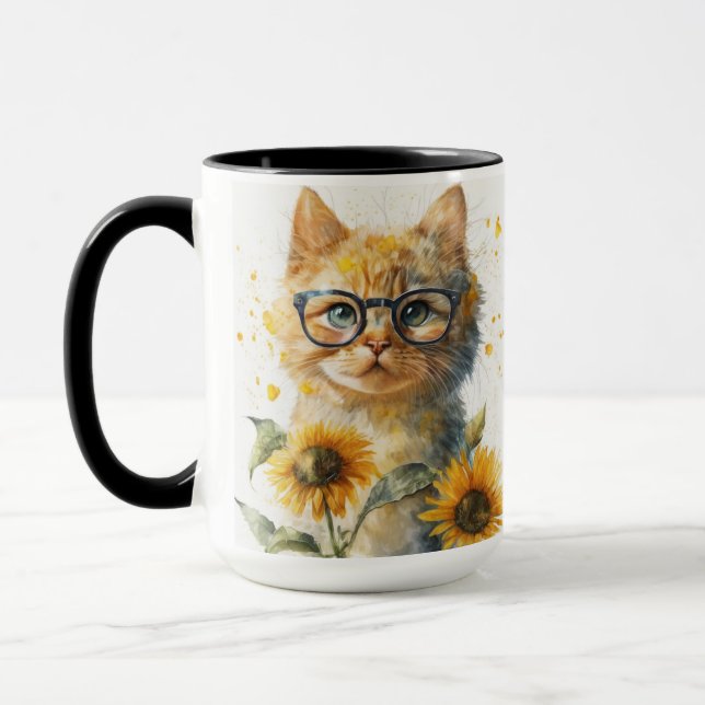VATTENFÄRG ORANGE TABBY KATT MED SUNFLÖDEN MUGG (Vänster)