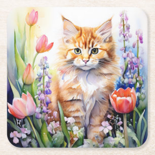 Vattenfärg Orange Tabby Kattunge i Blomsterträdgår Underlägg Papper Kvadrat