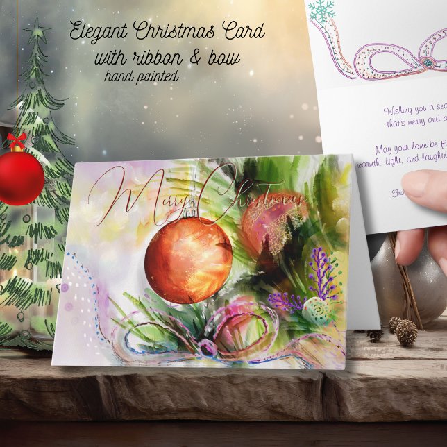 Vattenfärg Ornament och Festive Ribbon-jul Kort (Watercolor Ornament and Festive Ribbon Christmas Card)