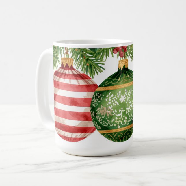Vattenfärg Ornament Tallgrenar Jul Kaffemugg (Framsida vänster)