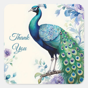 Vattenfärg på blommigten Peacock Tack Fyrkantigt Klistermärke