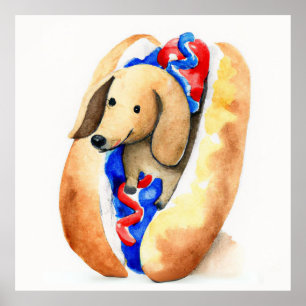 Vattenfärg på en Dachshund i en Hett Hund Bun Poster