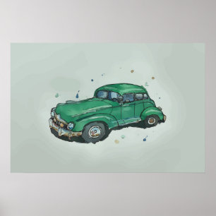 Vattenfärg på en gammal grönt-antique-bil poster