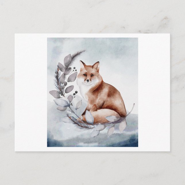 Vattenfärg på en räv med blomma vykort (Framsida)