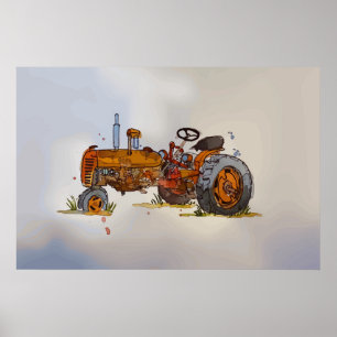 Vattenfärg på en rostig gammal orange-traktor poster