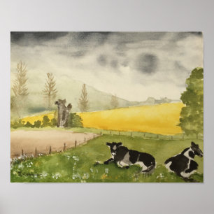 Vattenfärg på engelska Landstryside Fält & Cows Poster