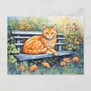 Vattenfärg på katt på Bench i Blomsterträdgård Vykort