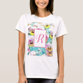 Vattenfärg på rosa pansies anpassade monogram t shirt