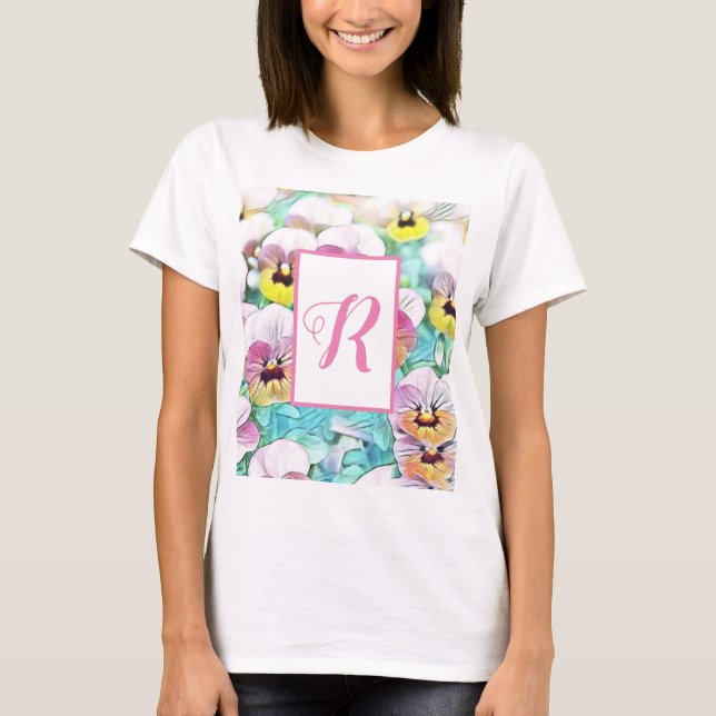 Vattenfärg på rosa pansies anpassade monogram t shirt (Framsida)