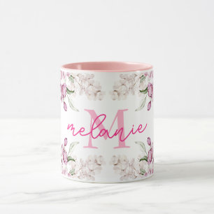 Vattenfärg Paeonblomma Rosa Paeonier Namn Monogram Mugg