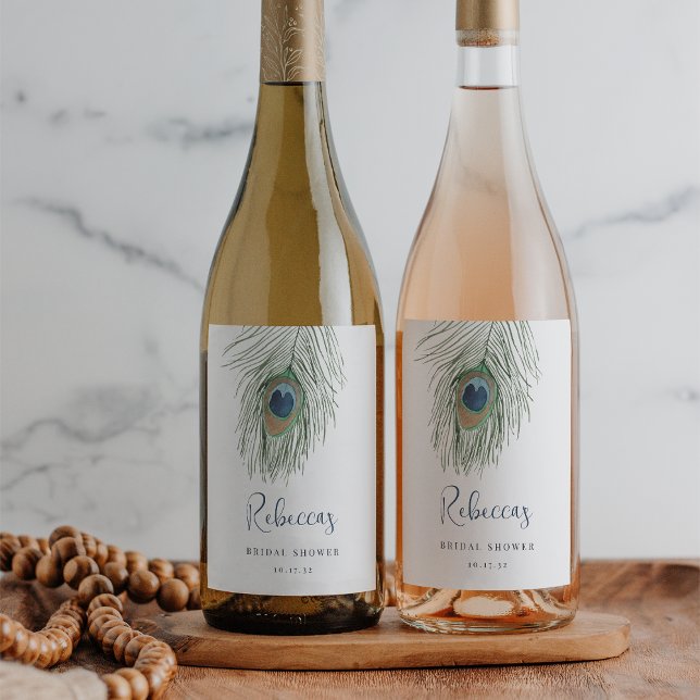 Vattenfärg Påfågel Fjäder Bröllops Favorit Vinflaska Etikett (Skapare uppladdad)