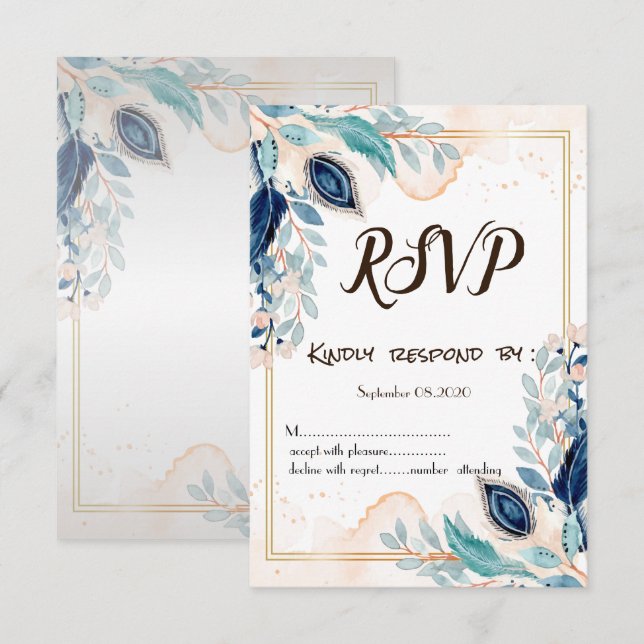 Vattenfärg Påfågelsfjäder Blommig RSVP Inbjudningar (Fram/baksida)