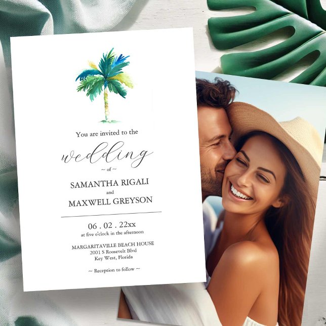 Vattenfärg Palmträd Foto Bröllopsinbjudan (Watercolor Palm Tree wedding invitations with photo by Victoria Grigaliunas Do Tell A Belle)