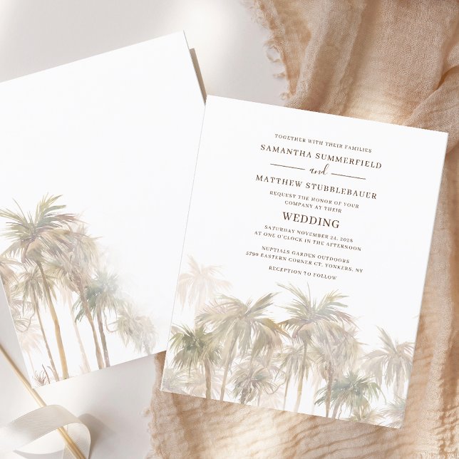 Vattenfärg Palmträd Kustbröllopsinbjudan (Tropical Palm Trees Destination Wedding Invitation)