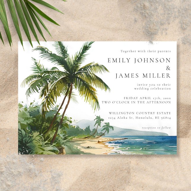Vattenfärg Palmträd Tropisk Strand Bröllop Inbjudningar (Watercolor Palm Trees Tropical Beach Wedding Invitation)