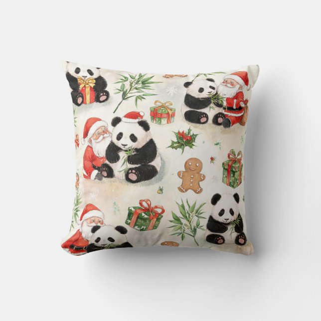 Vattenfärg Panda Julfirande Kudde (Framsida)