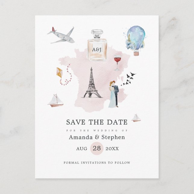 Vattenfärg Paris Destination Bröllop Spara Datum Meddelande Vykort (Framsida)