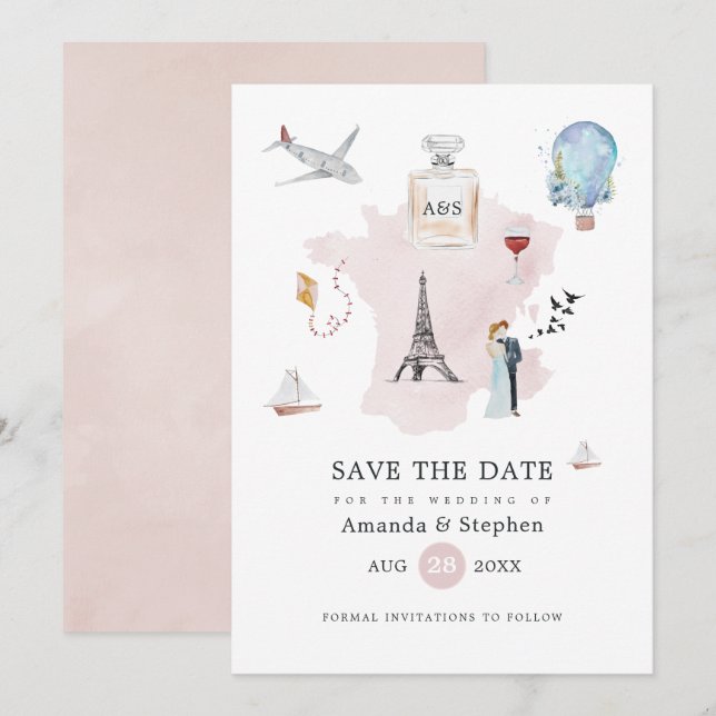 Vattenfärg Paris Destination Bröllopsmonogram Spara Datumet (Fram/baksida)