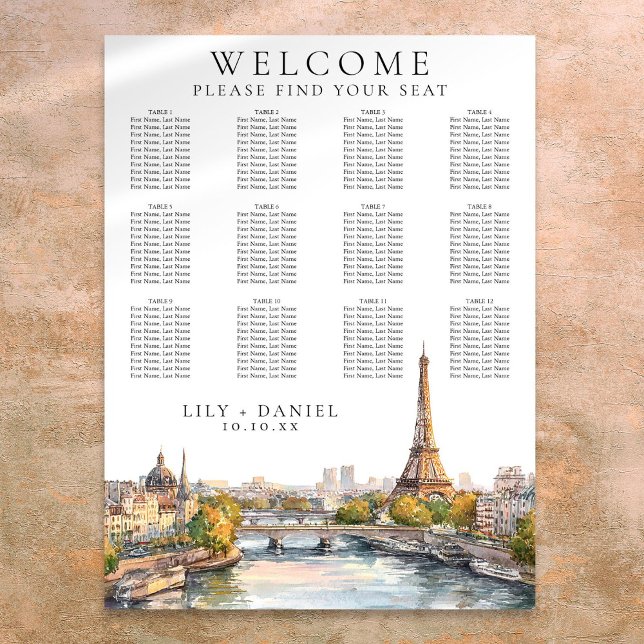 Vattenfärg Paris Frankrike Bröllopsplatskarta Poster (Watercolor Paris France Wedding Seating Chart)