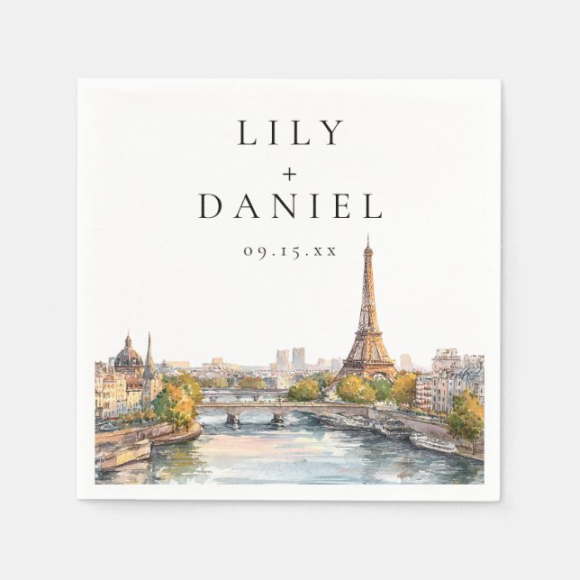 Vattenfärg Paris Frankrike Destination Bröllop Pappersservett (Framsidan)
